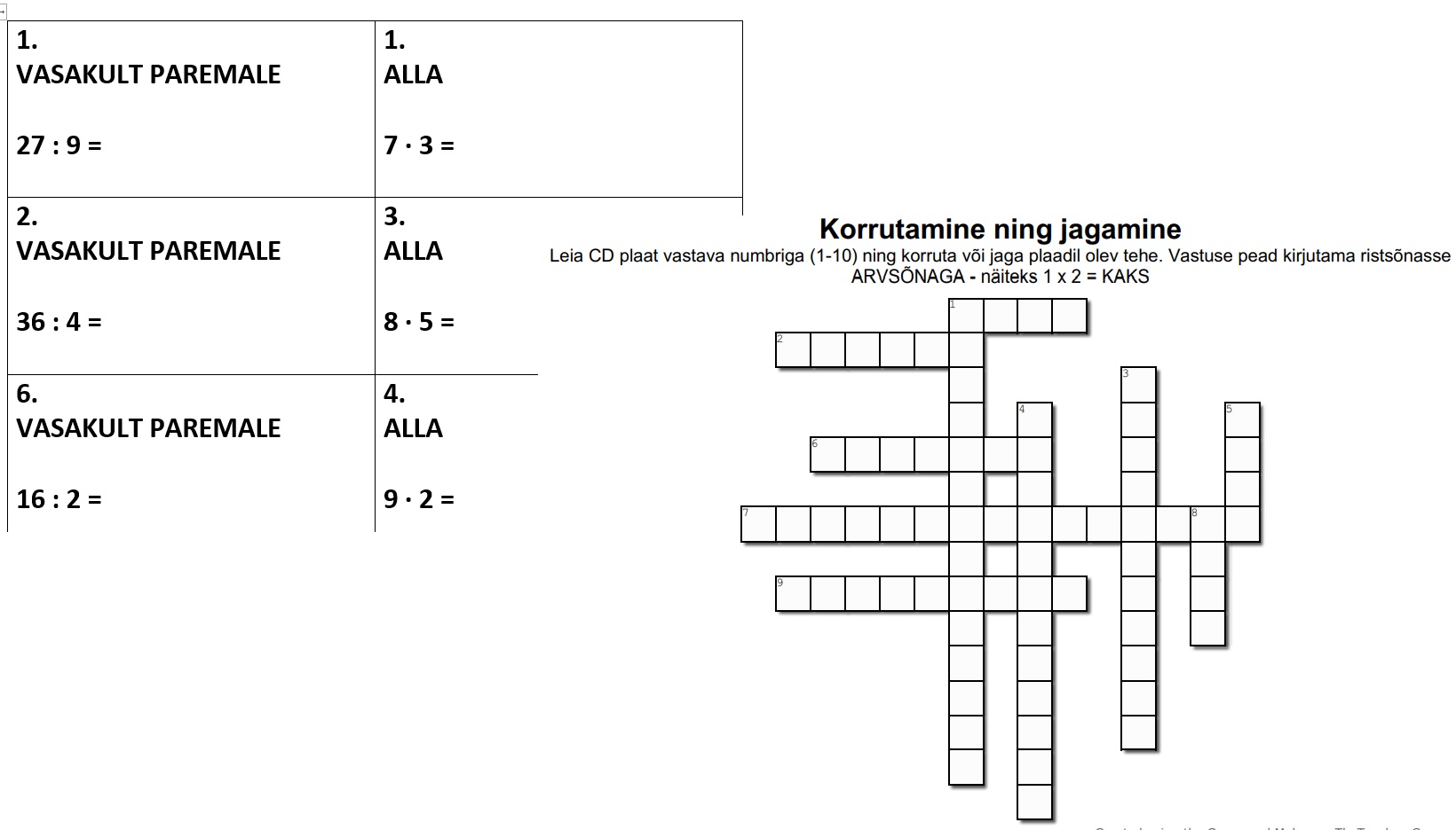 Liikumismäng korrutamine, jagamine, arvsõnad ristsõna täitmine. TIFE