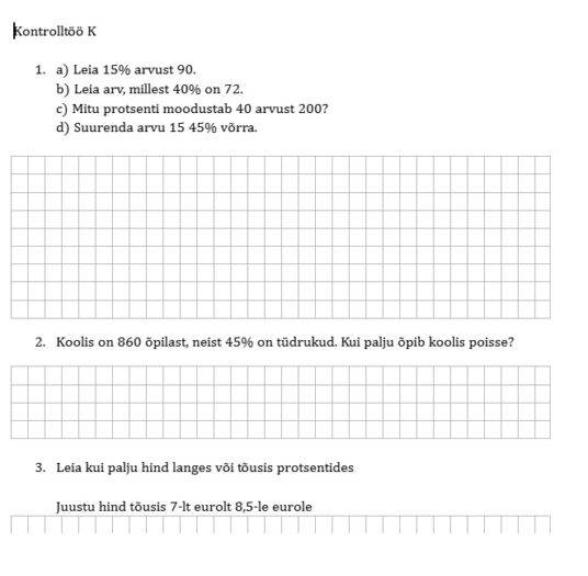 7.kl kontrolltöö "Protsent"