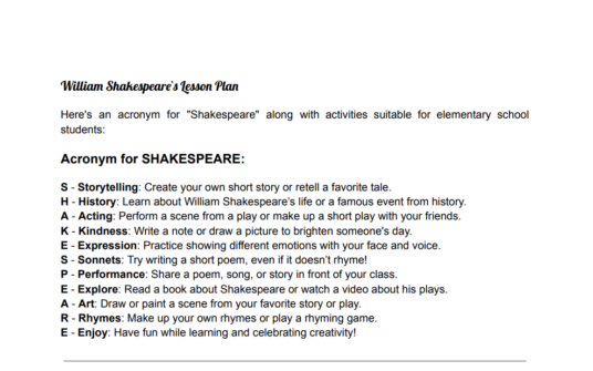 Literature Class (W.Shakespeare + lesson plan)