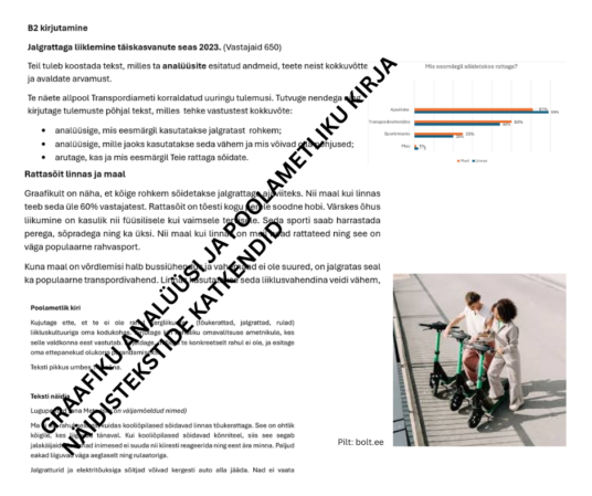 B2 kirjutamisülesannete komplekt: graafiku analüüsi näidistekst teemal "Jalgratas" ja poolametlik kiri liiklusohutuse teemal.