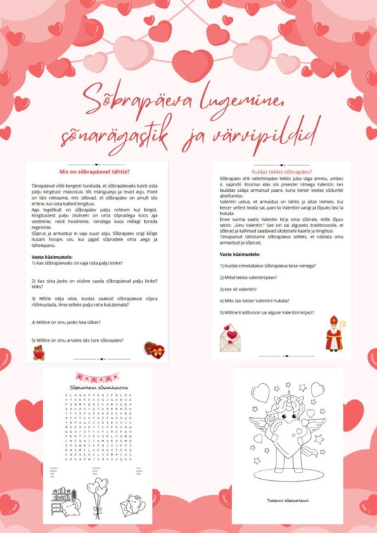 Sõbrapäeva lugemisülesanded, sõnarägastik ja värvipildid