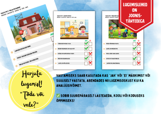 Harjuta lugemist "Tõde või vale?". 25 lugemislehte. JOONISTÄHTEDEGA.