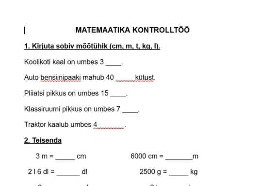 3. klassi matemaatika kontrolltöö III periood