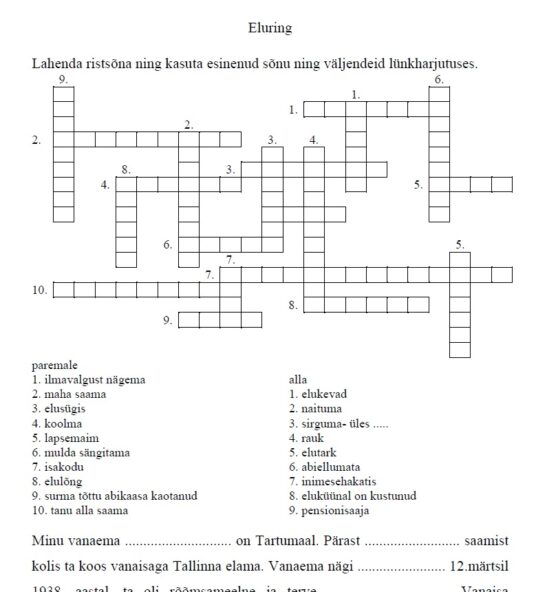 Sõnasõlmed - ristsõnad ja lünktekstid (31 töölehte + vastuselehed)