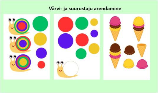 Värvi- ja suurustaju arendamine (tigu, jäätis)
