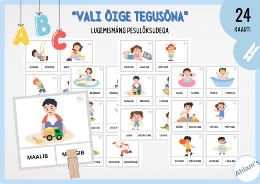 Lugemismäng - "Vali õige tegusõna" (mäng pesulõksudega)