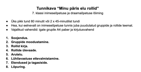 Tunnikava "Minu päris elu rollid": inimeseõpetuse ja draamaõpetuse lõiming