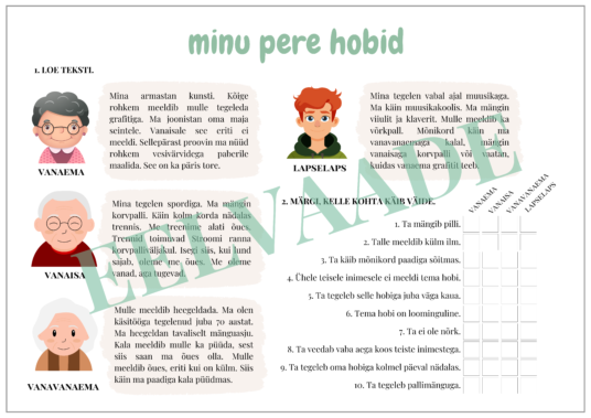 "Minu pere hobid" (lugemisülesanne)