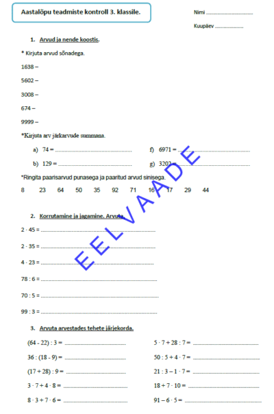 Aastalõputöö matemaatikas 3. klassile