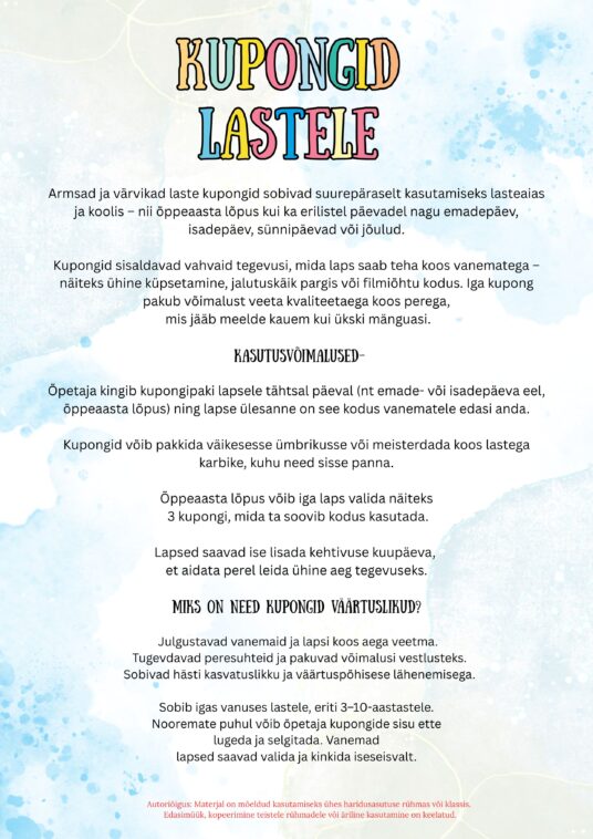 KUPONGID LASTELE ÕPPEAASTA LÕPUKS, ISADEPÄEVAKS, EMADEPÄEVAKS, JÕULUDEKS. - Image 2