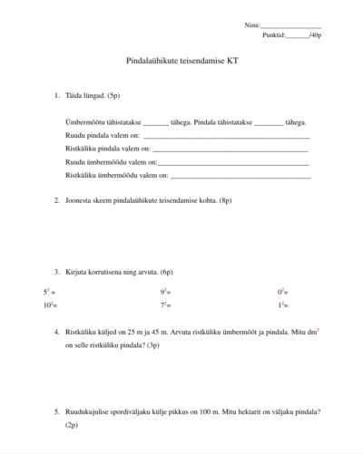 Pindalaühikute teisendamise KT