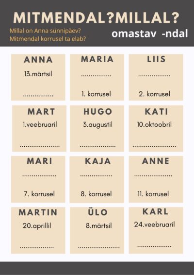 Paaris-mäng: "Millal? Mitmendal?" A2-B1
