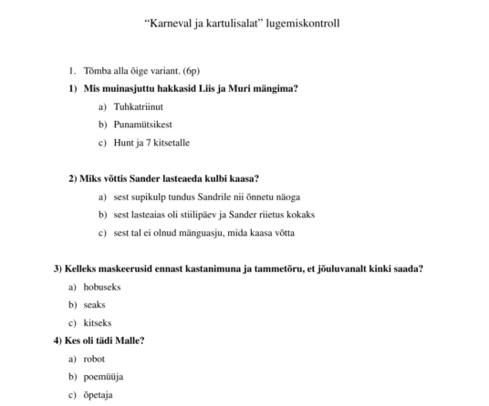 "Karneval ja kartulisalat" lugemiskontroll