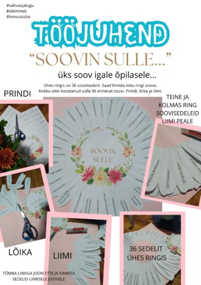 Soovin sulle_soovisedelid õpilastele. Tunni lõpus rebib õpilane endale väikse motivatsiooni õiekese. Pea 100 motivatsioonilehekest.