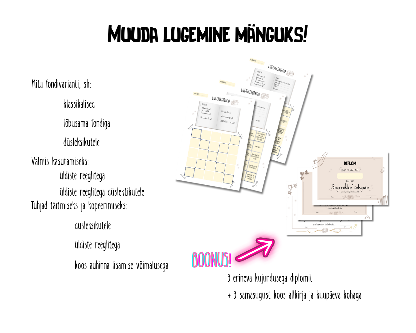PREMIUM komplekt – valmis lugemisbingod, tühjad, düslektikute variant + diplomid