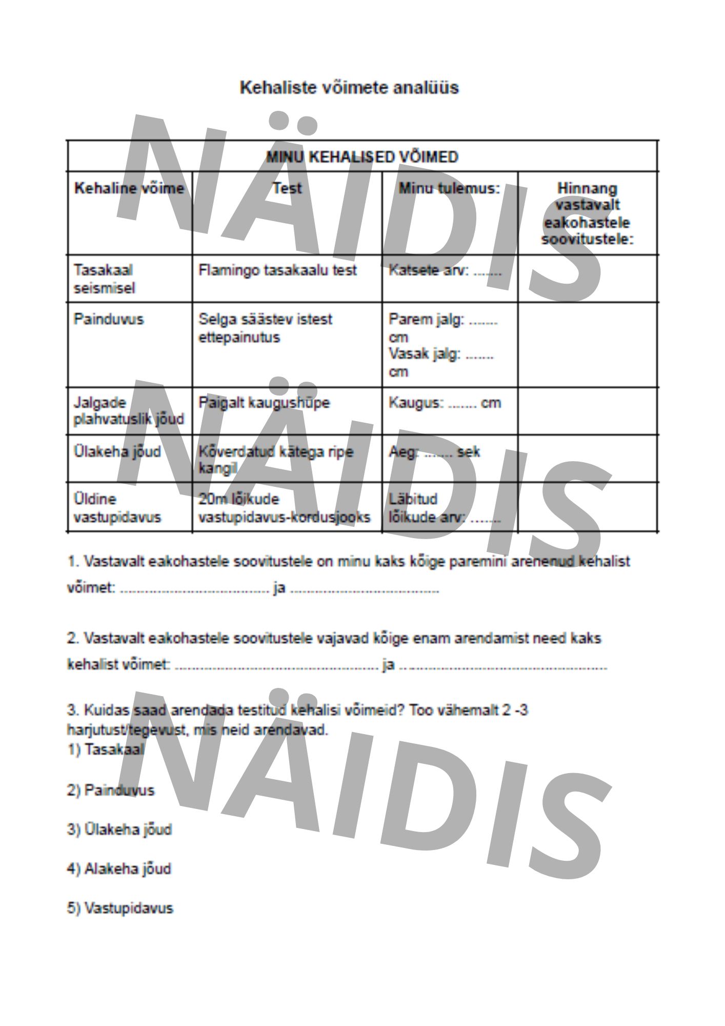 Kehaliste võimete analüüsi tööleht