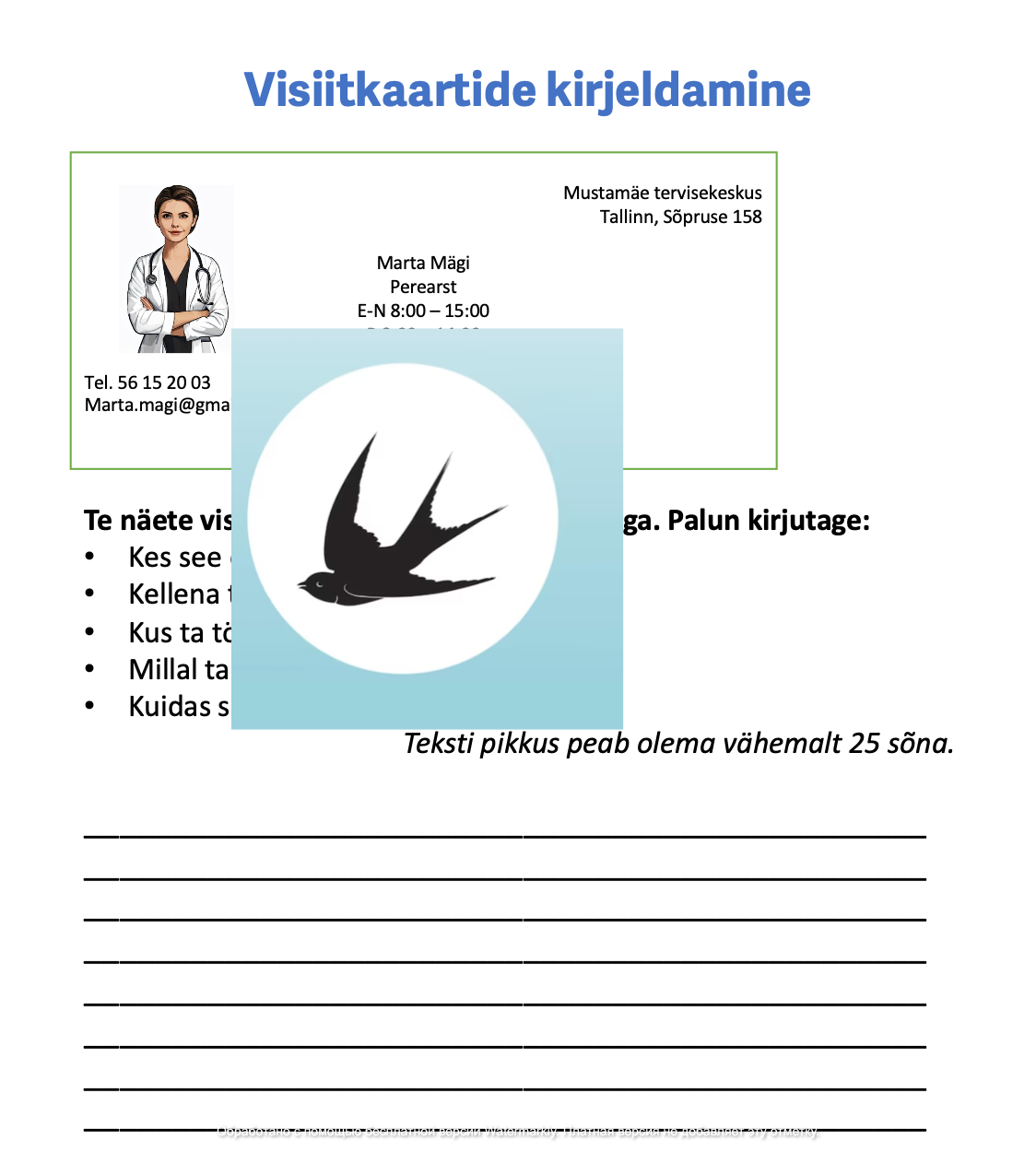 Visiitkaartide kirjeldamine. A2, kirjutamine