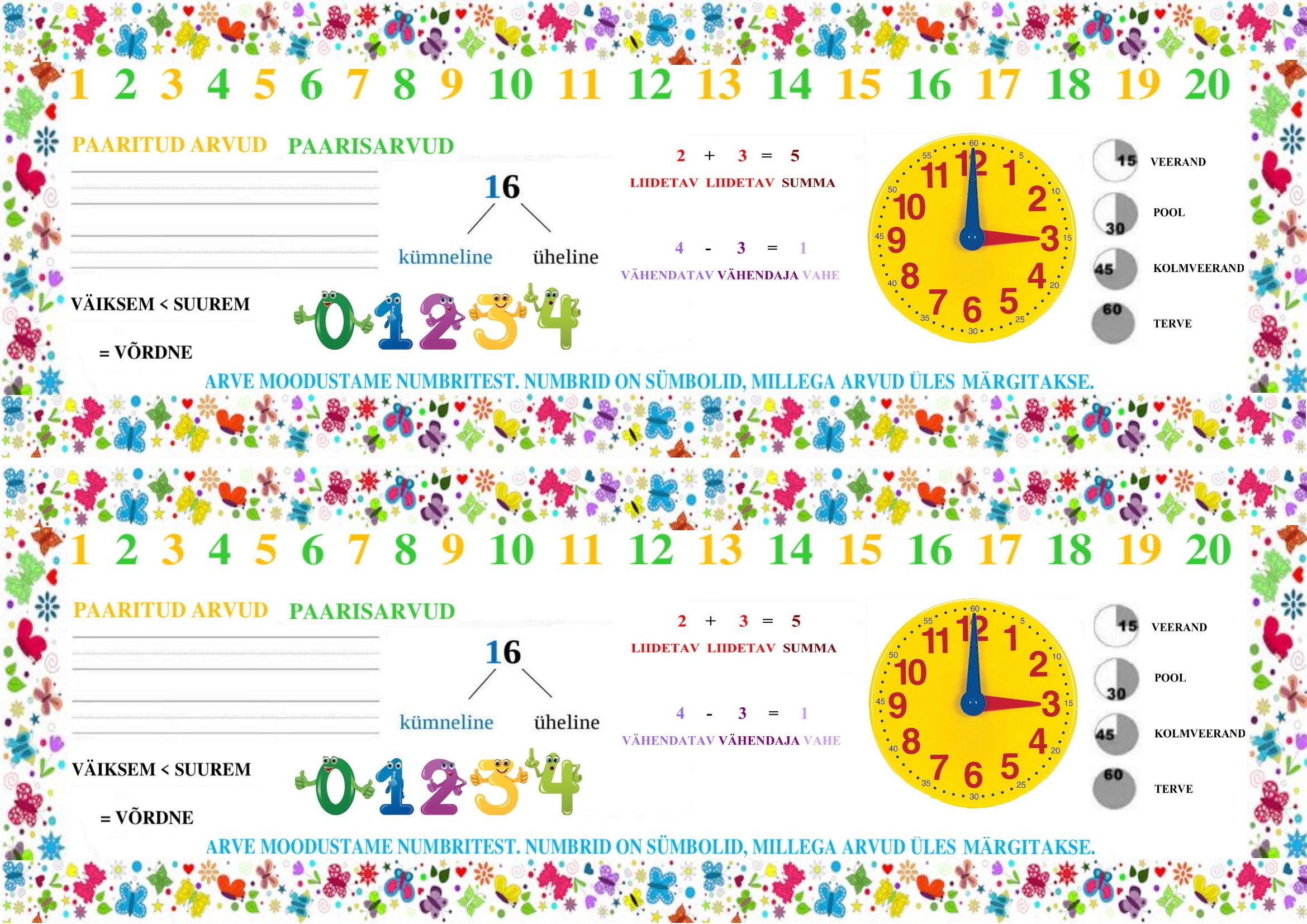 Kahepoolne järjehoidja matemaatika reeglitega 1. kl õpilasele