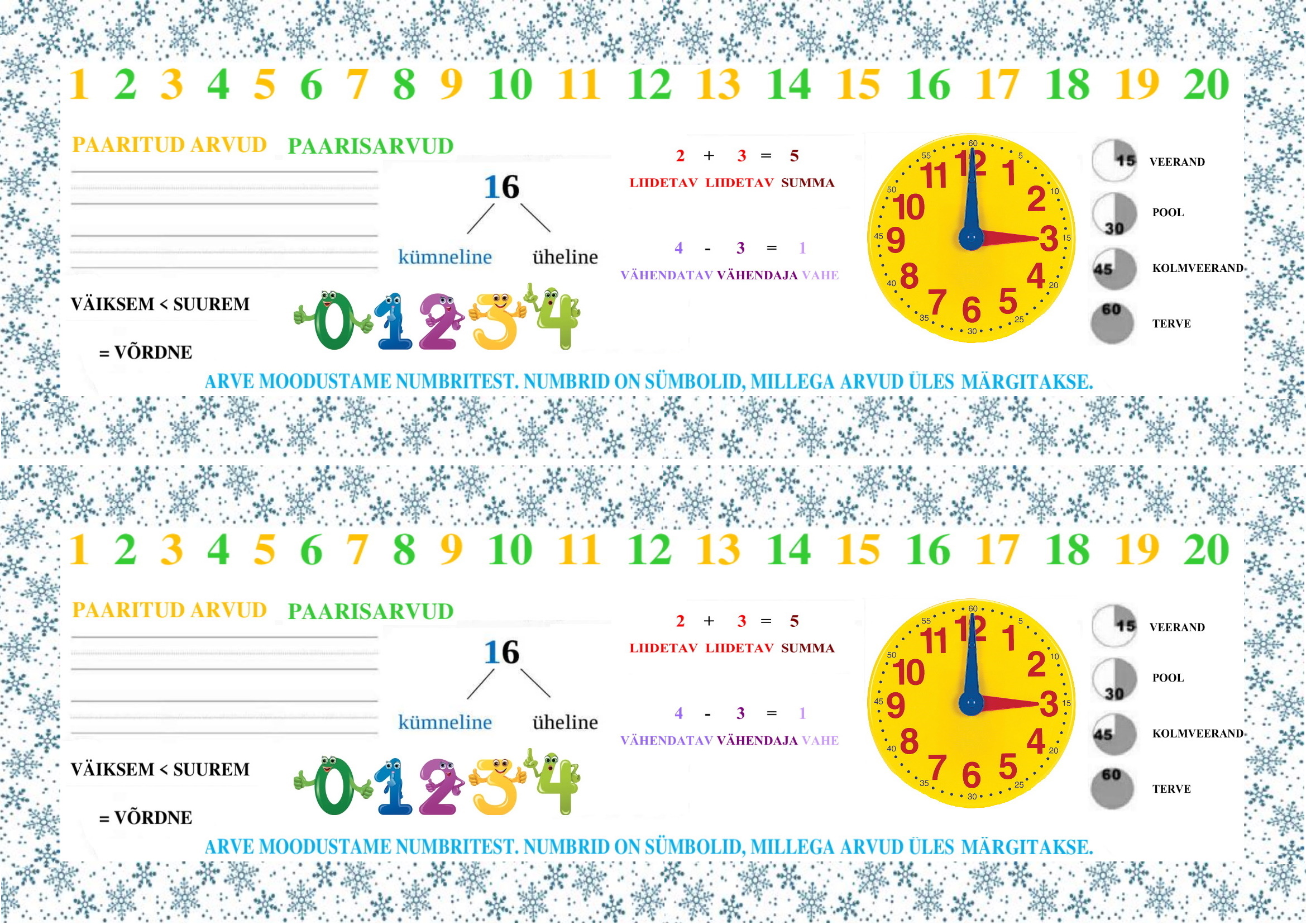 Kahepoolne järjehoidja matemaatika reeglitega 1. kl õpilasele