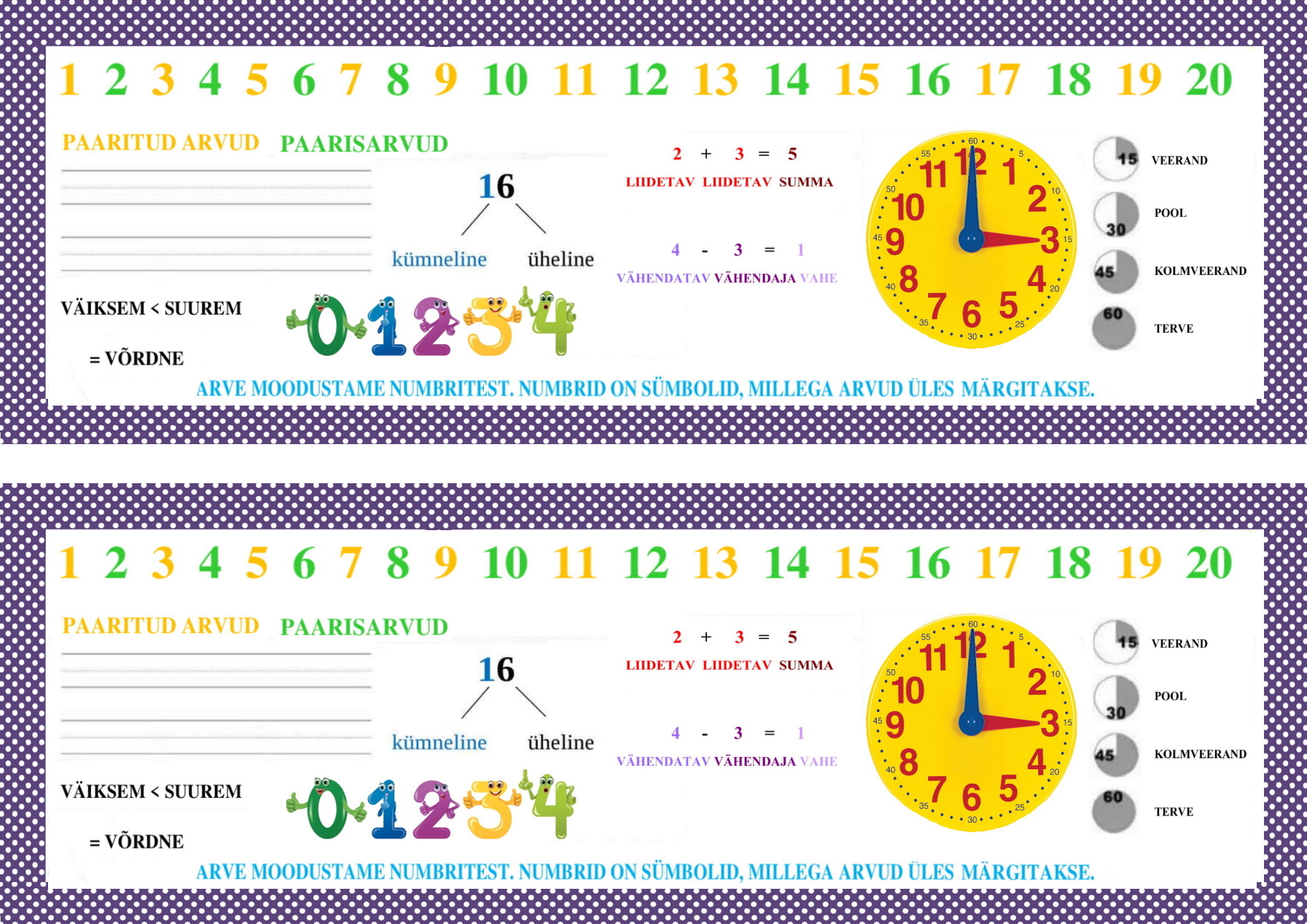 Kahepoolne järjehoidja matemaatika reeglitega 1. kl õpilasele
