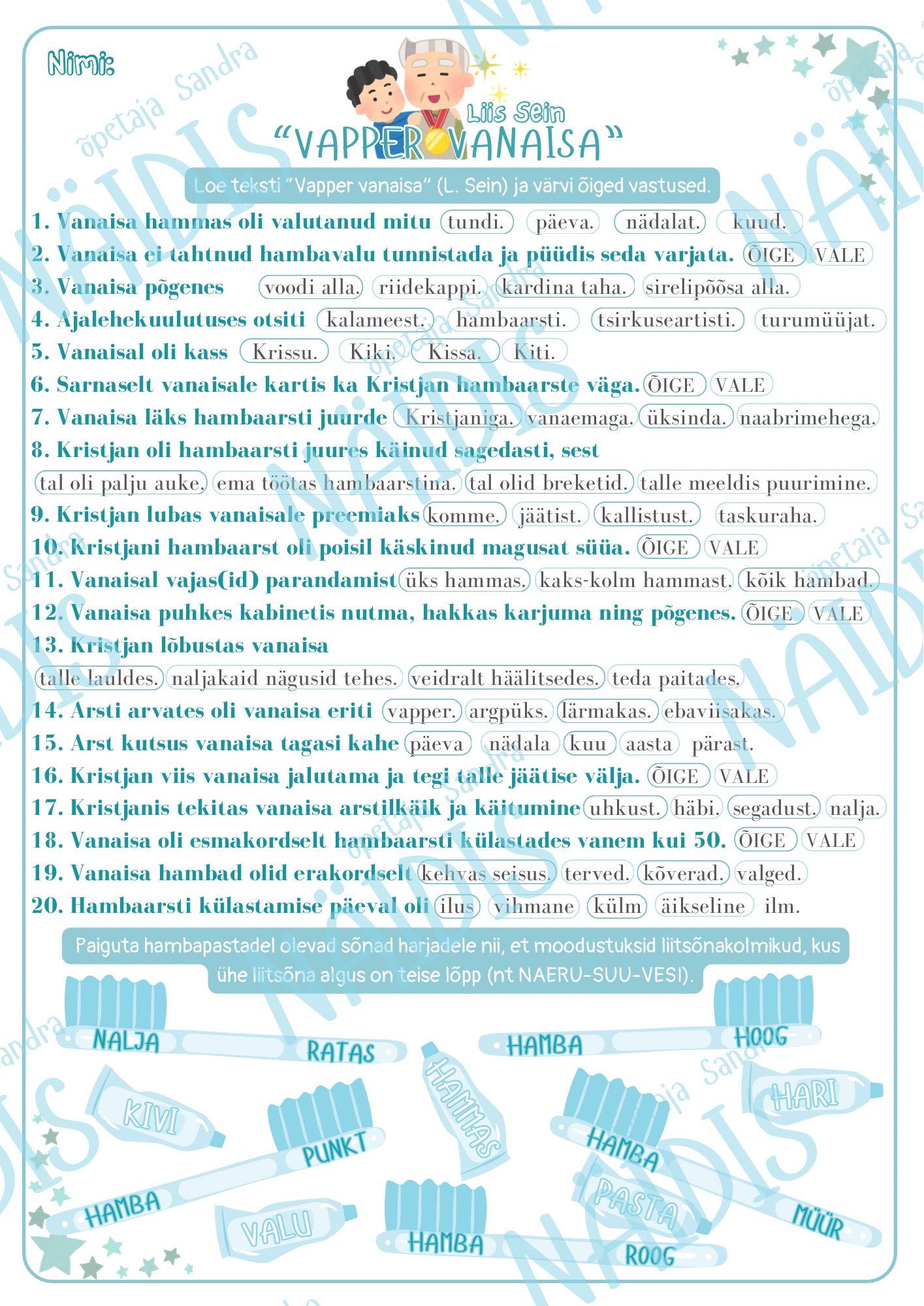 “VAPPER VANAISA” (L. Sein) FUNKTSIONAALSET LUGEMISOSKUST ARENDAV LUGEMISTEST-TÖÖLEHT