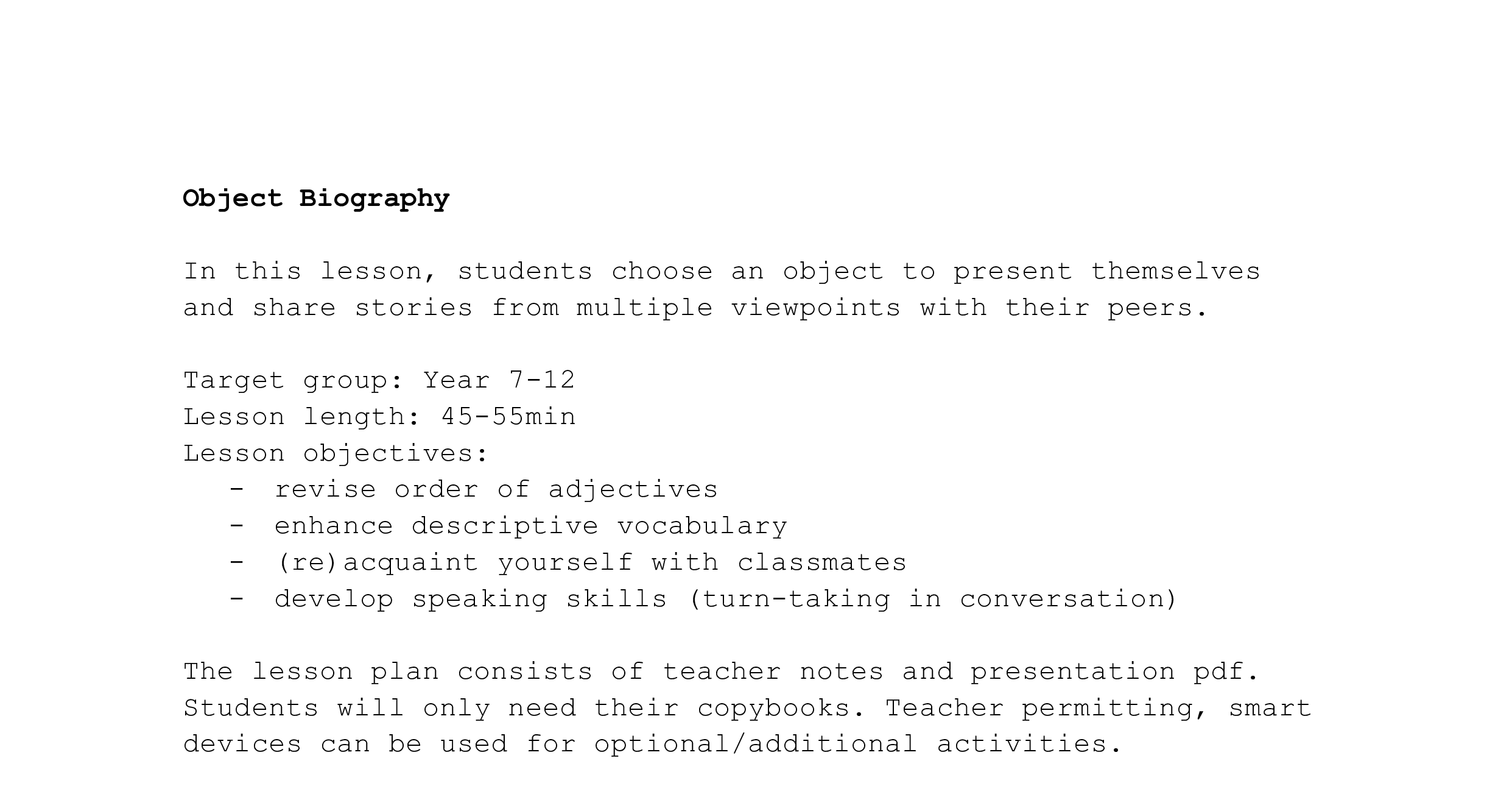 Intro Lesson - Object Biography