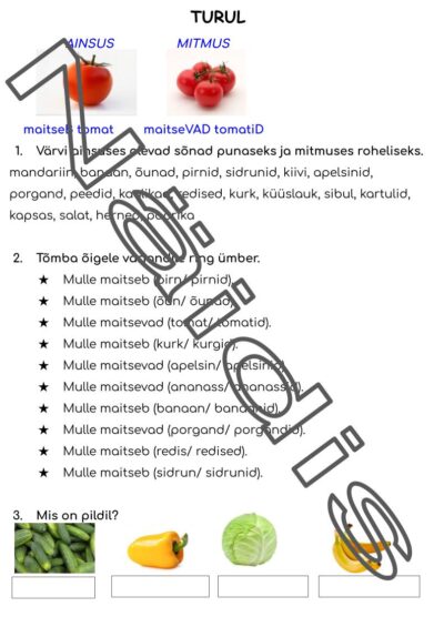 Puuviljad, juurviljad. Ainsus, mitmus