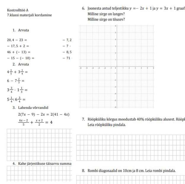 8.klassi kontrolltöö (7.kl kordamine)