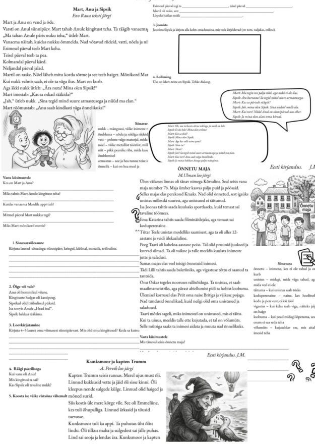 Eesti kirjanduse/eesti keele töölehed/8 tundi; 3.-5.klass