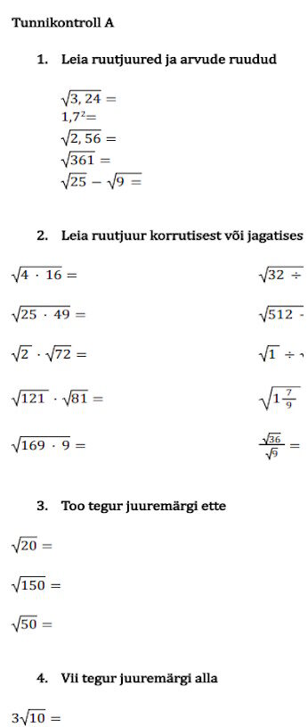 9.kl tunnikontroll- arvu ruutjuur, teisendused