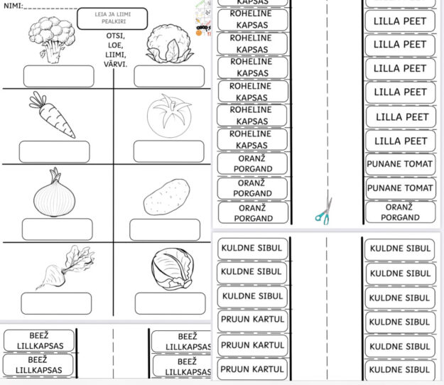 Liikumist soodustav tööleht "köögiviljad"