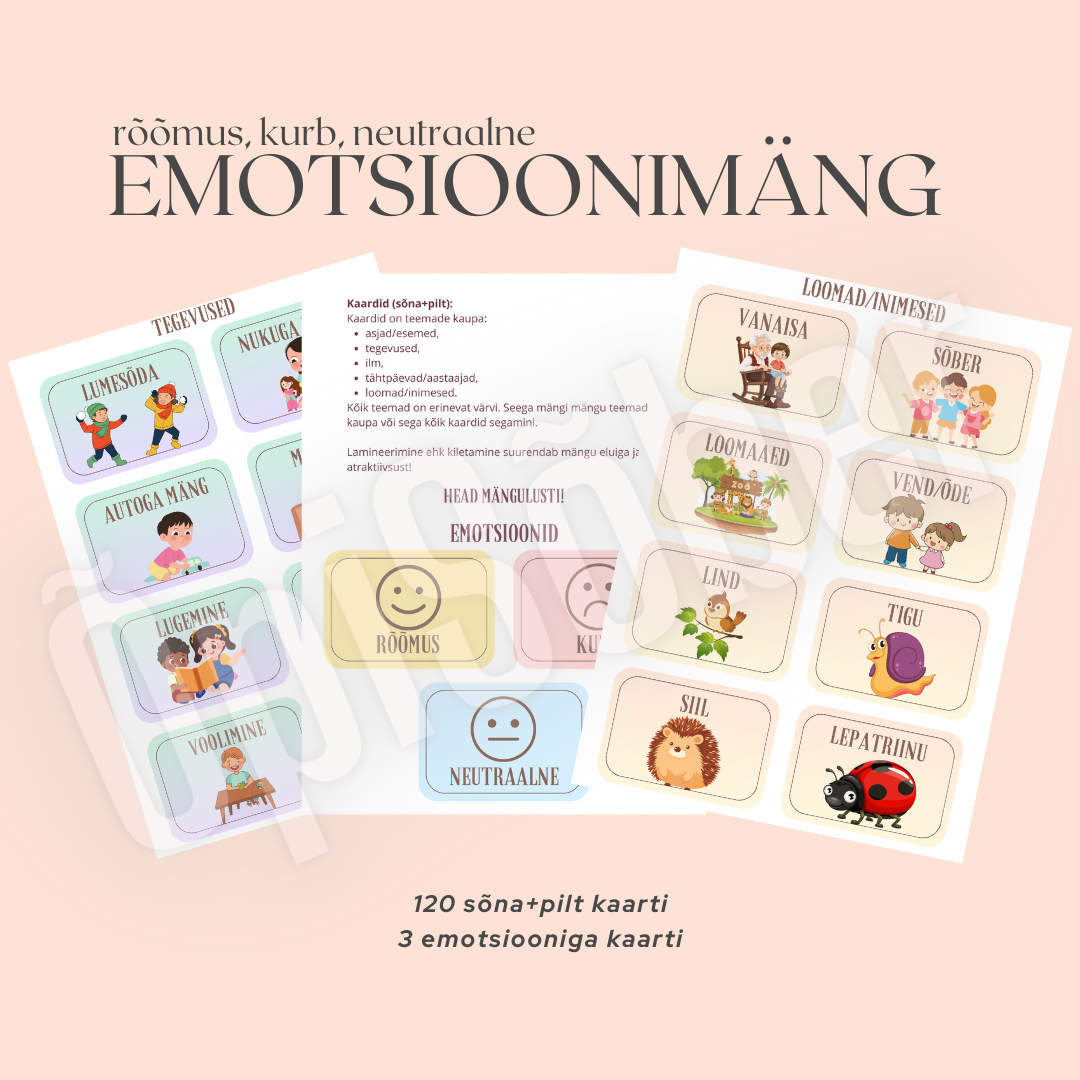Emotsioonimängu kaardid ja värvilised emotsioonikaardid, mis aitavad lastel õppida tundma rõõmu, kurbust ja neutraalseid tundeid.