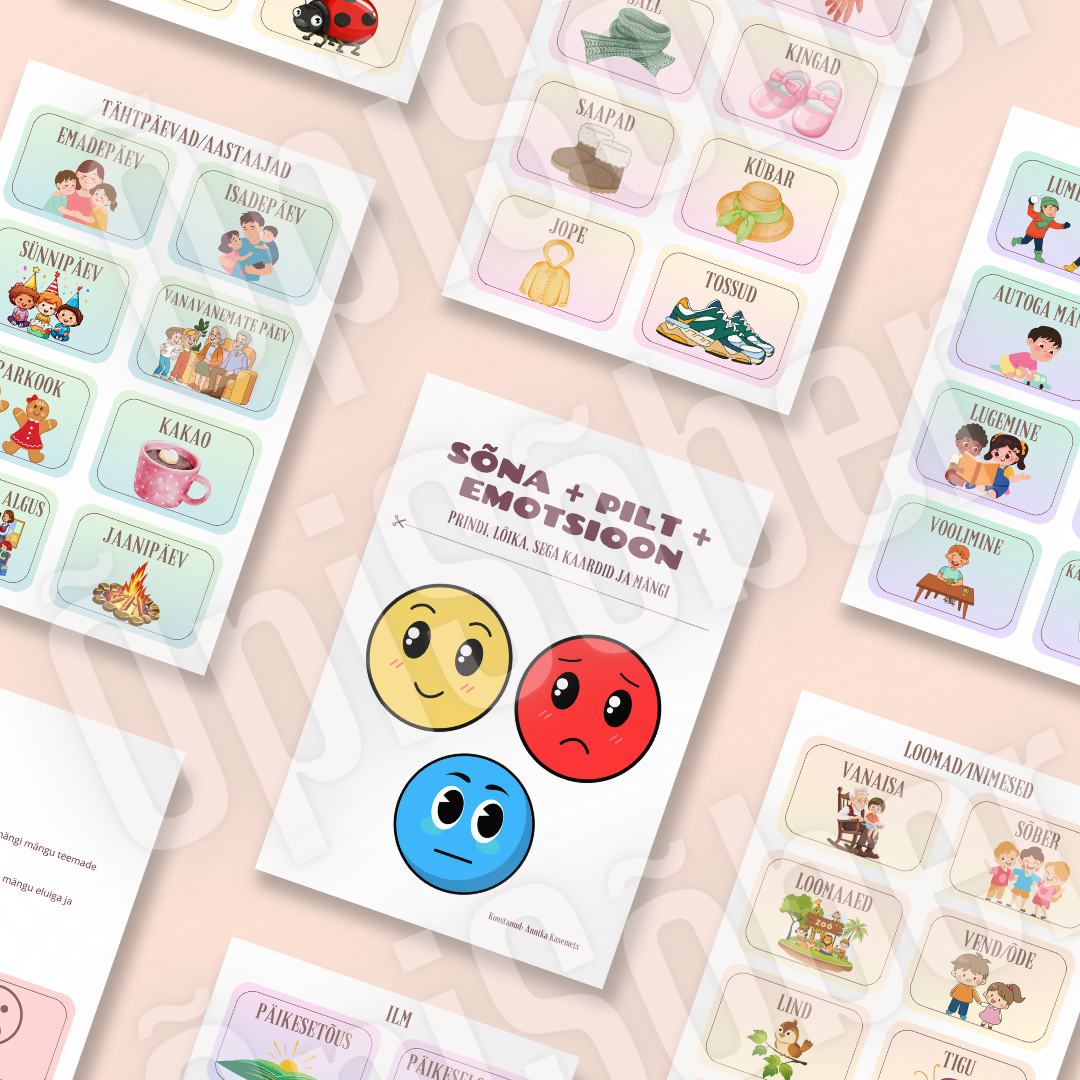 Emotsioonimängu kaardid ja värvilised emotsioonikaardid, mis aitavad lastel õppida tundma rõõmu, kurbust ja neutraalseid tundeid.