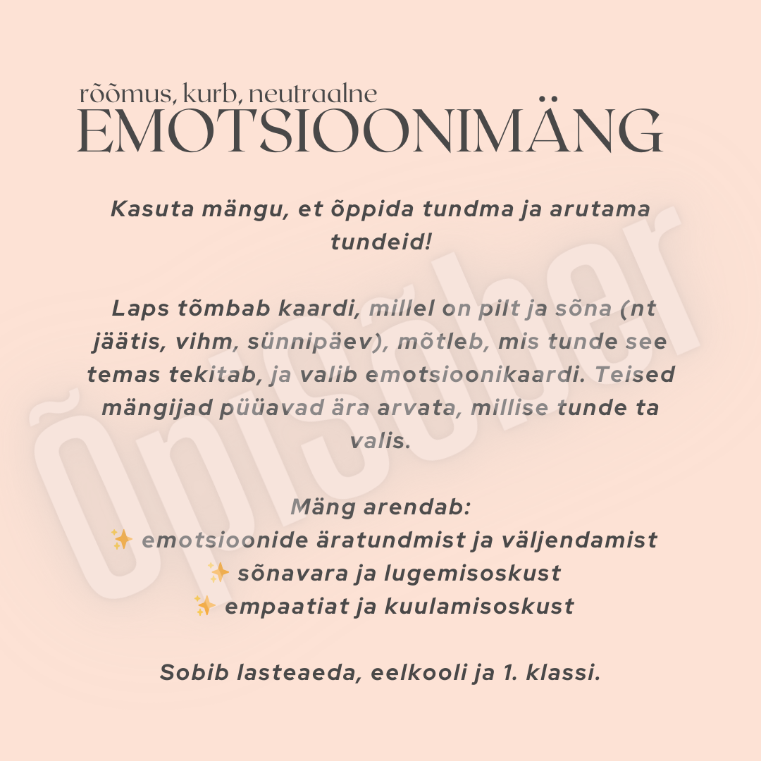 Emotsioonimängu kaardid ja värvilised emotsioonikaardid, mis aitavad lastel õppida tundma rõõmu, kurbust ja neutraalseid tundeid