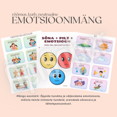 Emotsioonimängu kaardid ja värvilised emotsioonikaardid, mis aitavad lastel õppida tundma rõõmu, kurbust ja neutraalseid tundeid.