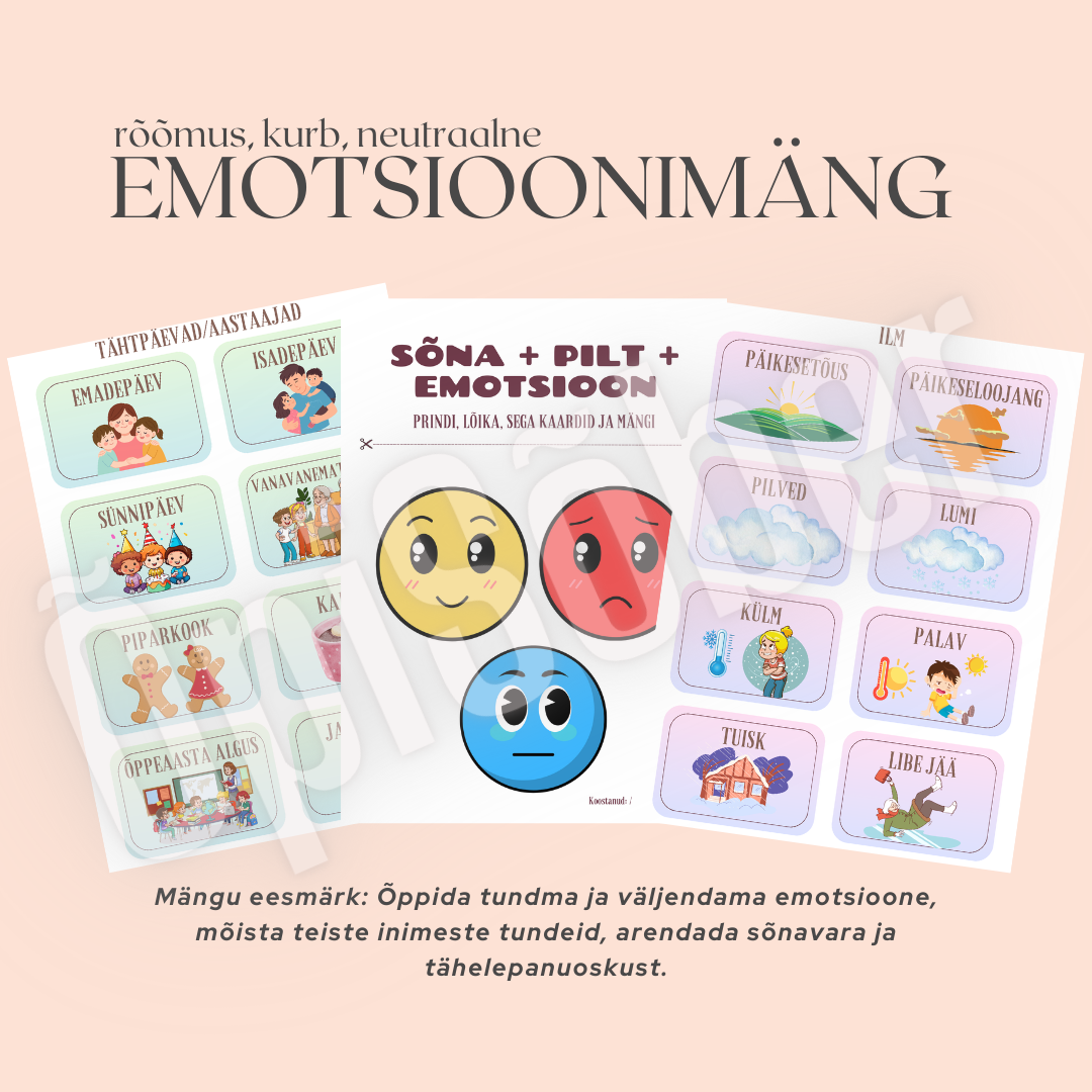 Emotsioonimängu kaardid ja värvilised emotsioonikaardid, mis aitavad lastel õppida tundma rõõmu, kurbust ja neutraalseid tundeid.