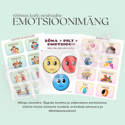 Emotsioonimängu kaardid ja värvilised emotsioonikaardid, mis aitavad lastel õppida tundma rõõmu, kurbust ja neutraalseid tundeid.