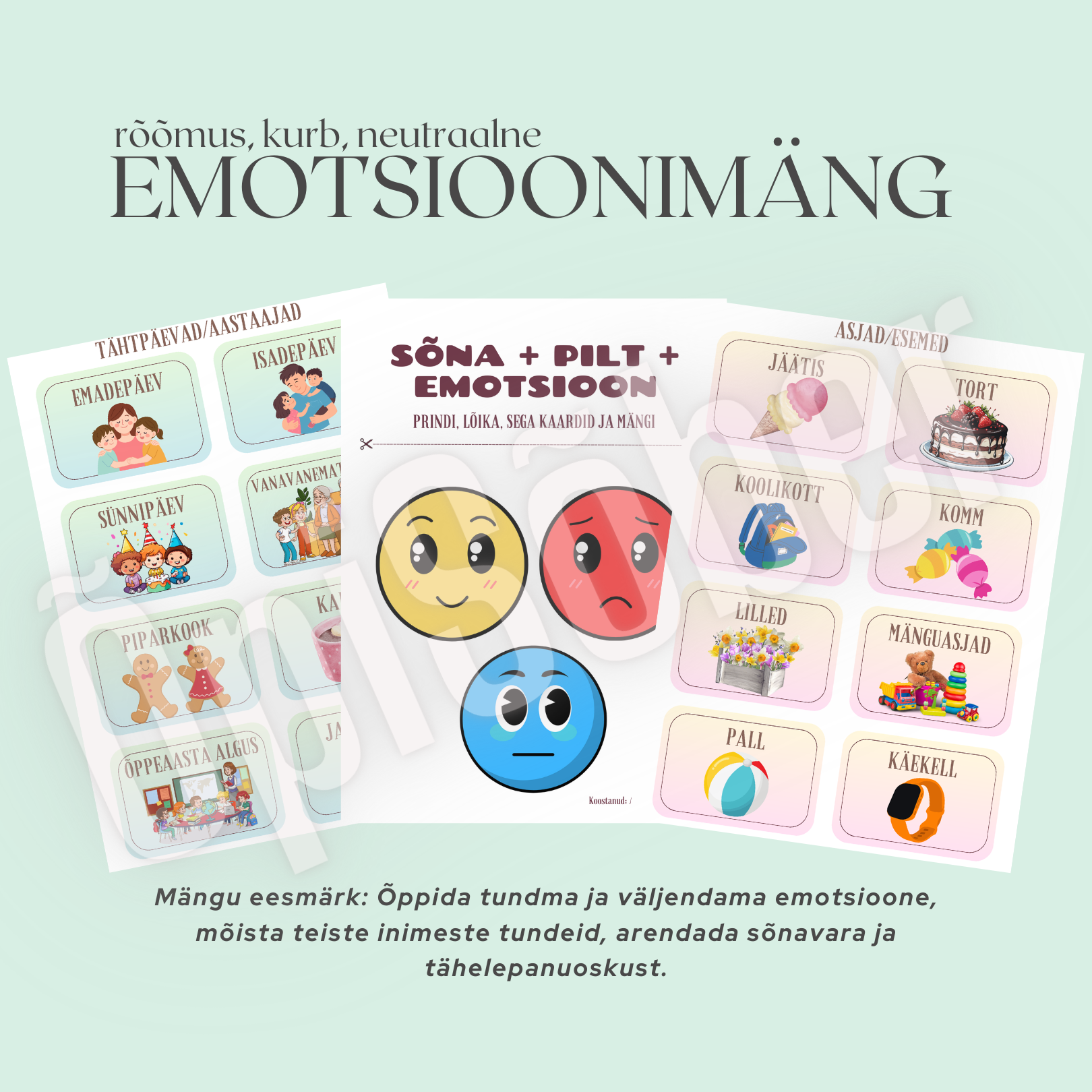 Emotsioonimängu kaardid ja värvilised emotsioonikaardid, mis aitavad lastel õppida tundma rõõmu, kurbust ja neutraalseid tundeid.