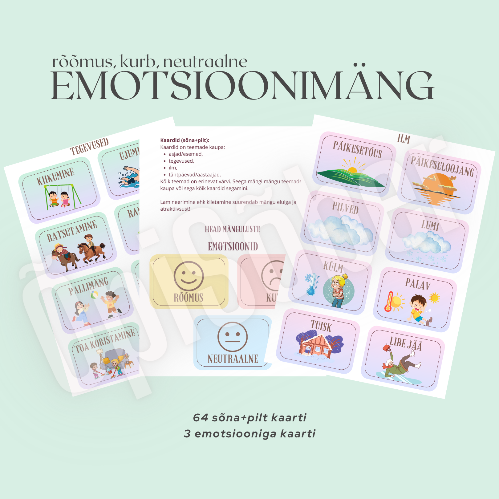 Emotsioonimängu kaardid ja värvilised emotsioonikaardid, mis aitavad lastel õppida tundma rõõmu, kurbust ja neutraalseid tundeid.