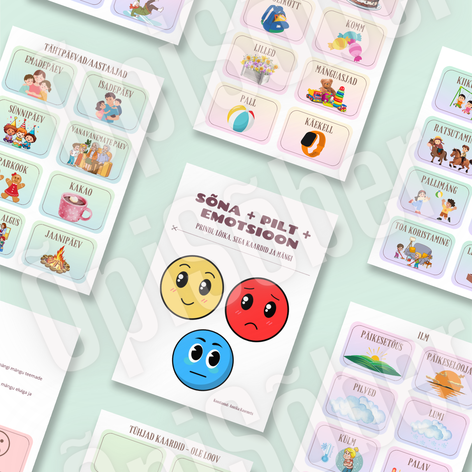 Emotsioonimängu kaardid ja värvilised emotsioonikaardid, mis aitavad lastel õppida tundma rõõmu, kurbust ja neutraalseid tundeid.