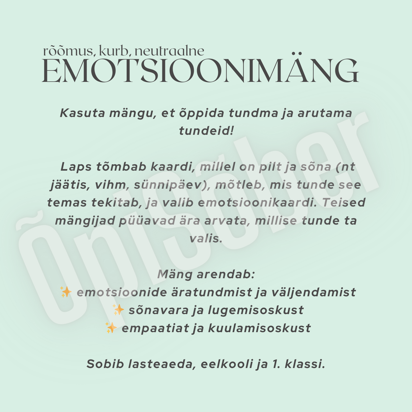 Emotsioonimängu kaardid ja värvilised emotsioonikaardid, mis aitavad lastel õppida tundma rõõmu, kurbust ja neutraalseid tundeid.