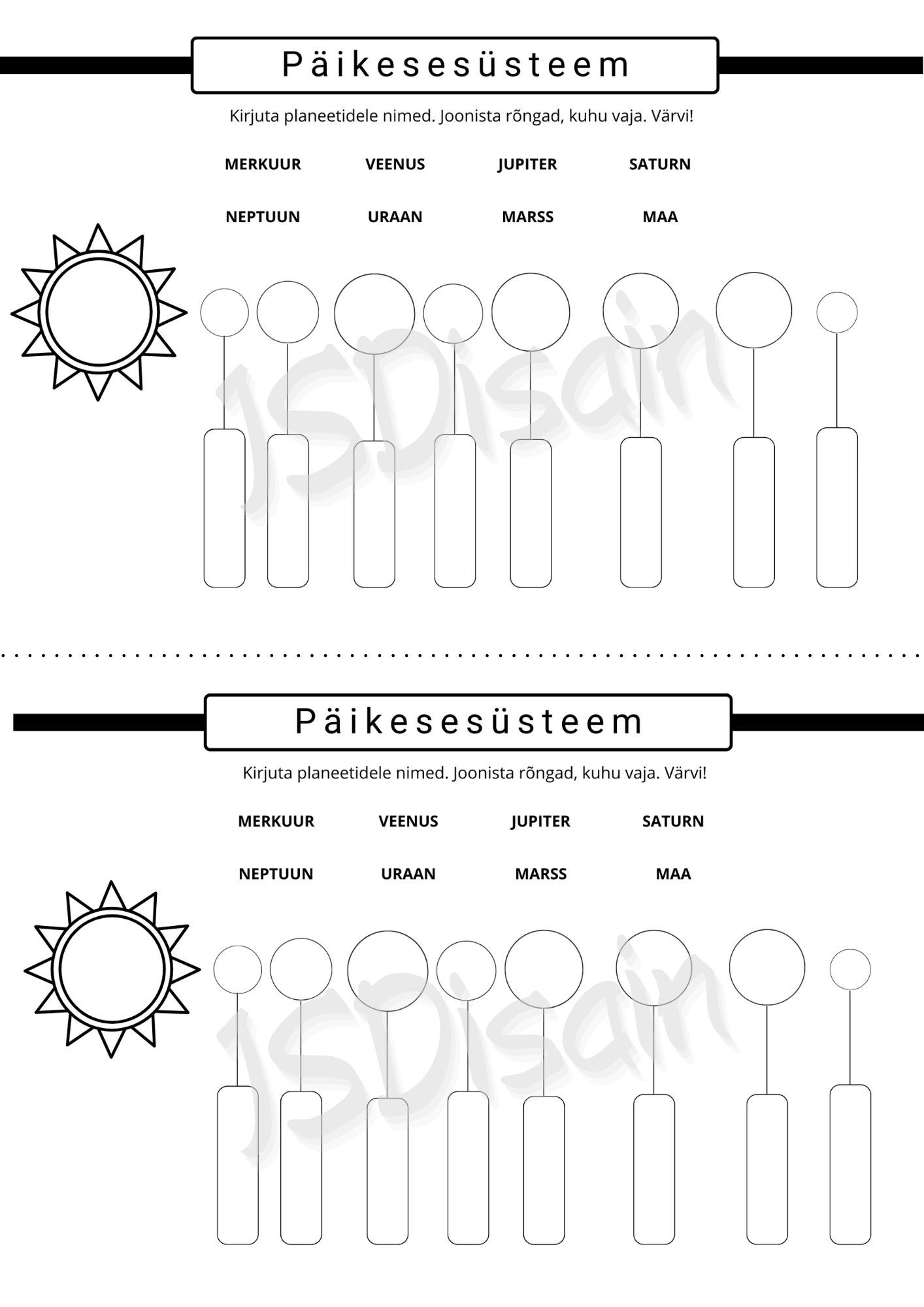 Päikesesüsteem - tööleht vihikusse kleepimiseks