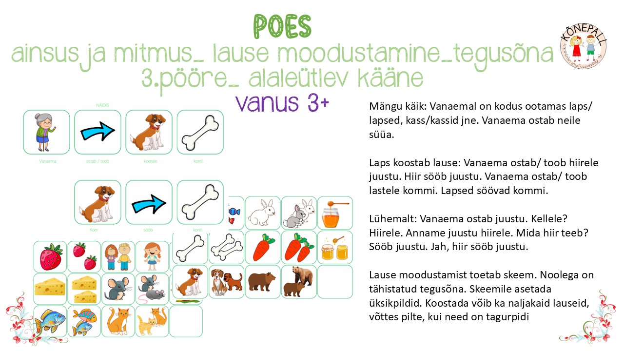 Poes (ainsus ja mitmus, tegusõna 3. pööre, alaleütlev kääne, lause moodustamine)