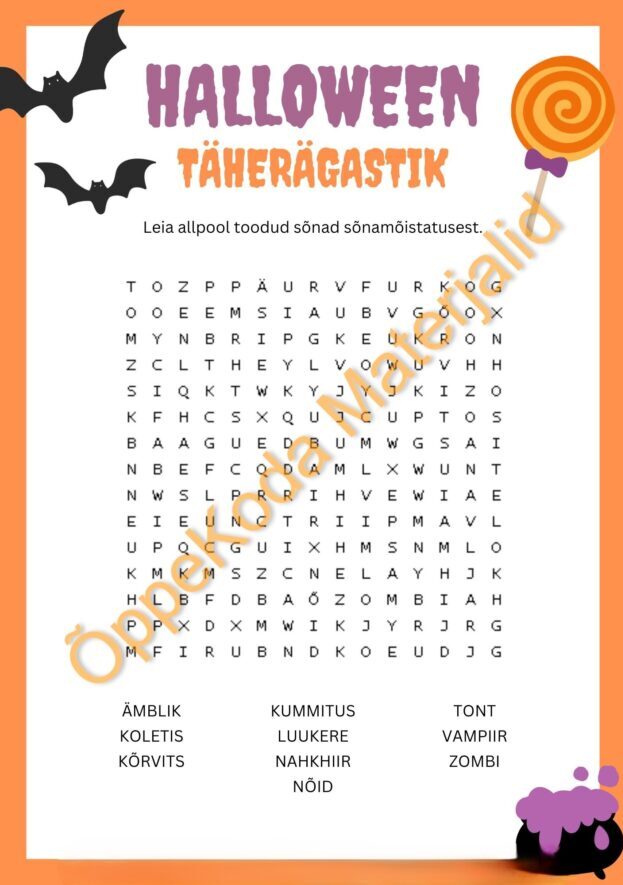 Halloweeni ristsõna ja täherägastik vastustega (2 töölehte)
