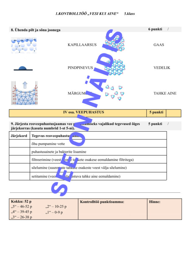 Kontrolltöö „Vesi kui aine“ – 5. klassile