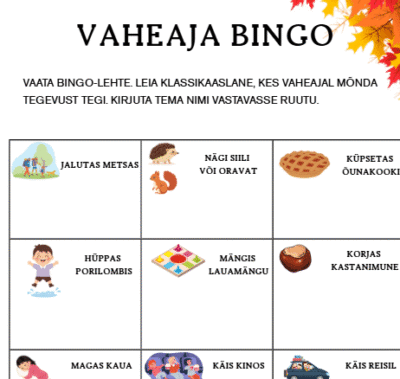 Sügisvaheaja bingo