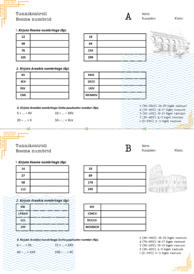 Rooma numbrid - tunnikontroll - 2 versiooni ja vastused (2lk)