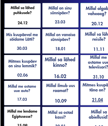 Millal (mitmendal)? Kuupäevad (küsimustekaardid) 30 tk -A2/B1