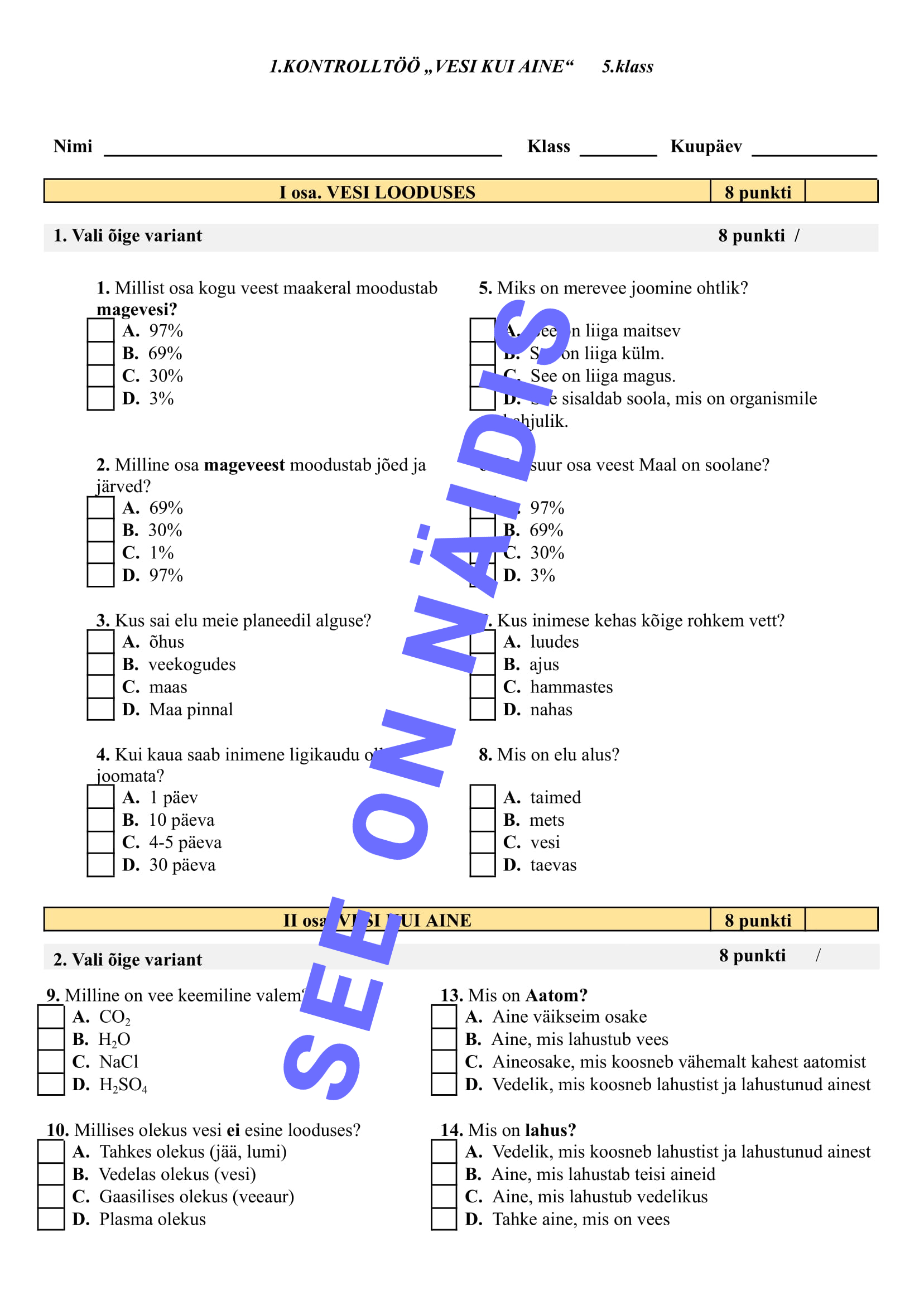Kontrolltöö „Vesi kui aine“ – 5. klassile - Image 2