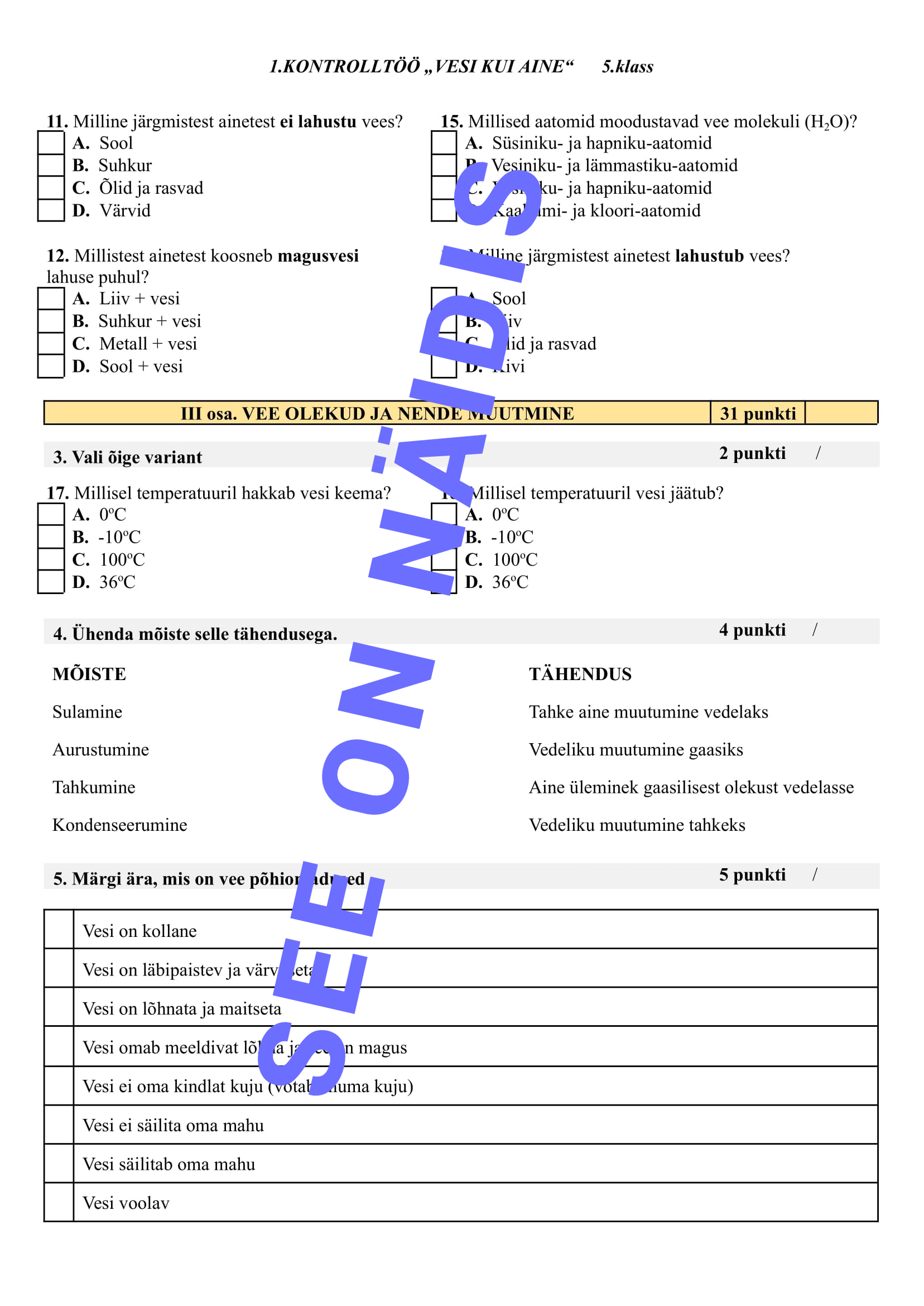 Kontrolltöö „Vesi kui aine“ – 5. klassile - Image 3